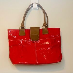 Chic Red Paten Leather Tote with Brown Accents